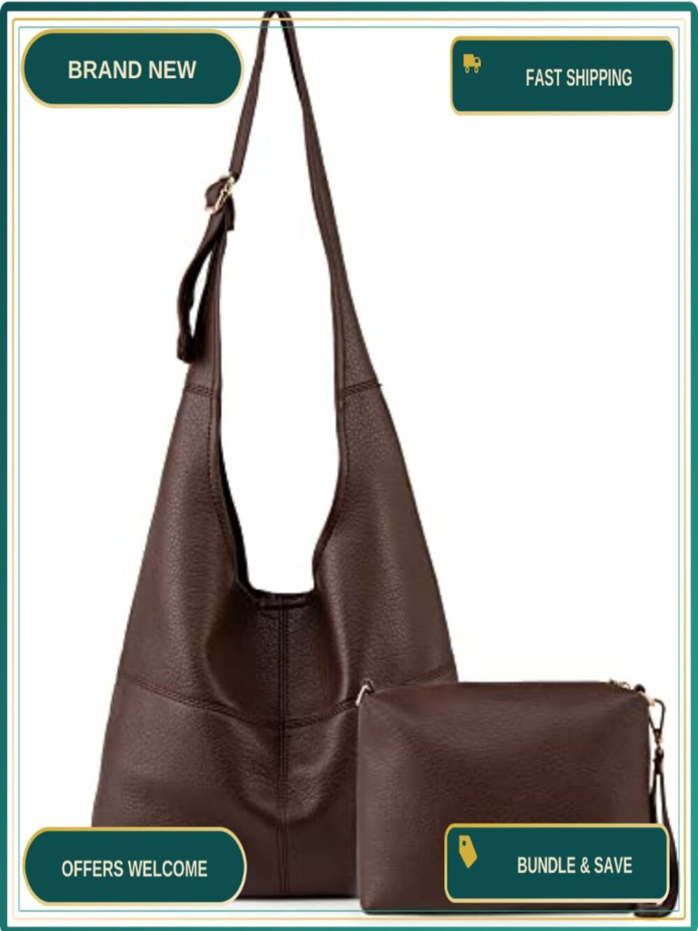 Vegan Leather Hobo Shoulder Bag with Wristlet Two Piece Purse Set